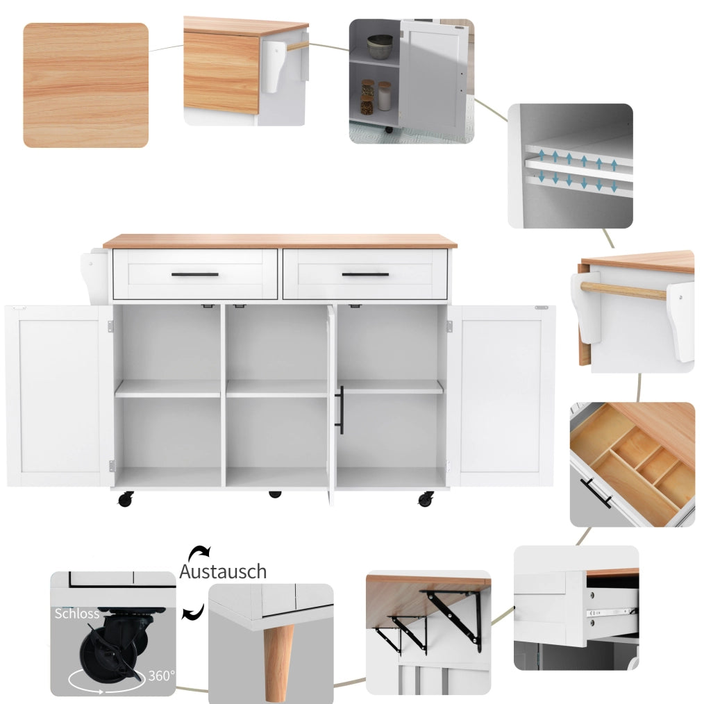 Carrello cucina con piano pieghevole, cassetti e ruote, bianco e naturale