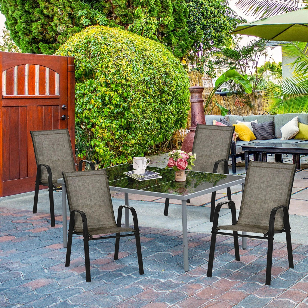 Set 4 Sedie da Giardino in Metallo e Tessuto Marrone