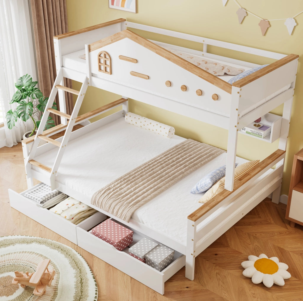 Letto a castello 90x200 cm e 140x200 cm con finestre; scala a 4 gradini e cassetti; bianco naturale