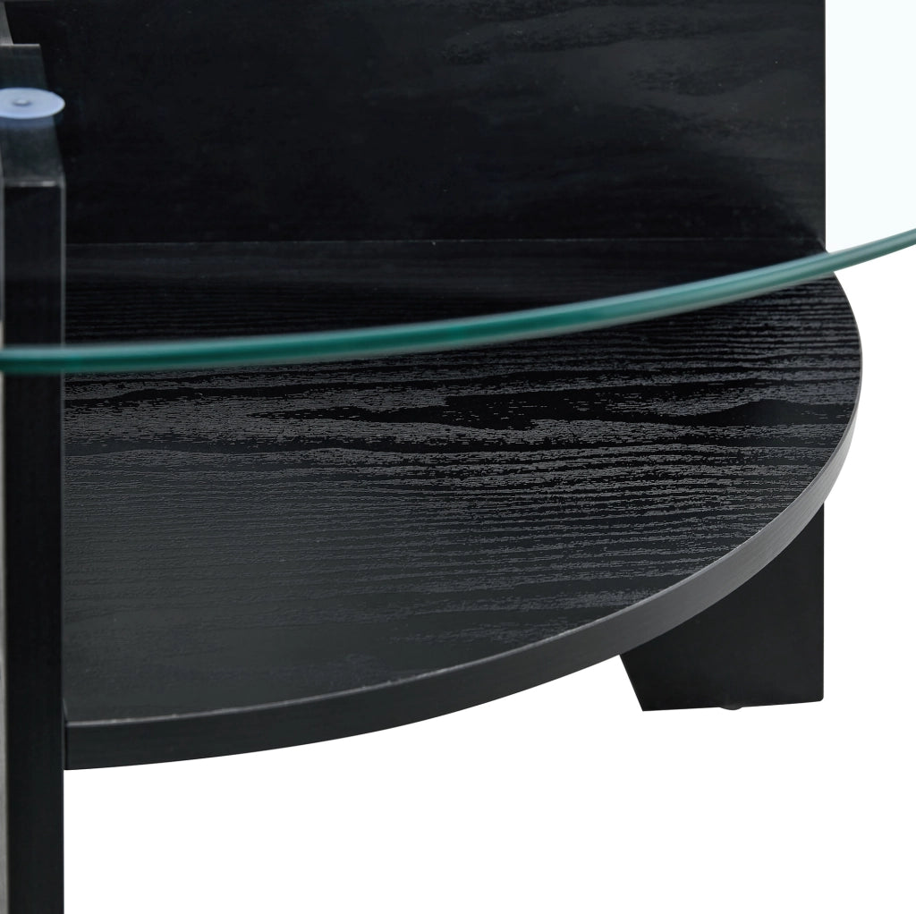 Tavolino rotondo ? 80 cm con struttura a ventaglio; vetro temperato; nero e trasparente