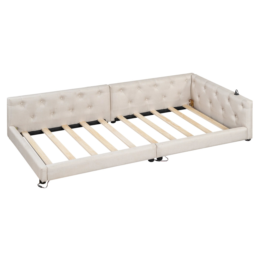 Letto daybed 90x200 cm in lino beige con rete a doghe, LED RGB, USB e Type-C, senza materasso