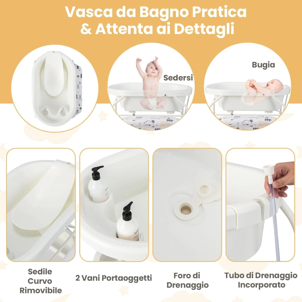 Fasciatoio con Vaschetta Bagnetto 2 in 1, Vasca da Bagno Pieghevole per Bambini, Fasciatoio con Materassino, Cestino Portaoggetti, Ruote con Freno, Portata 35kg+15kg (Bianco)