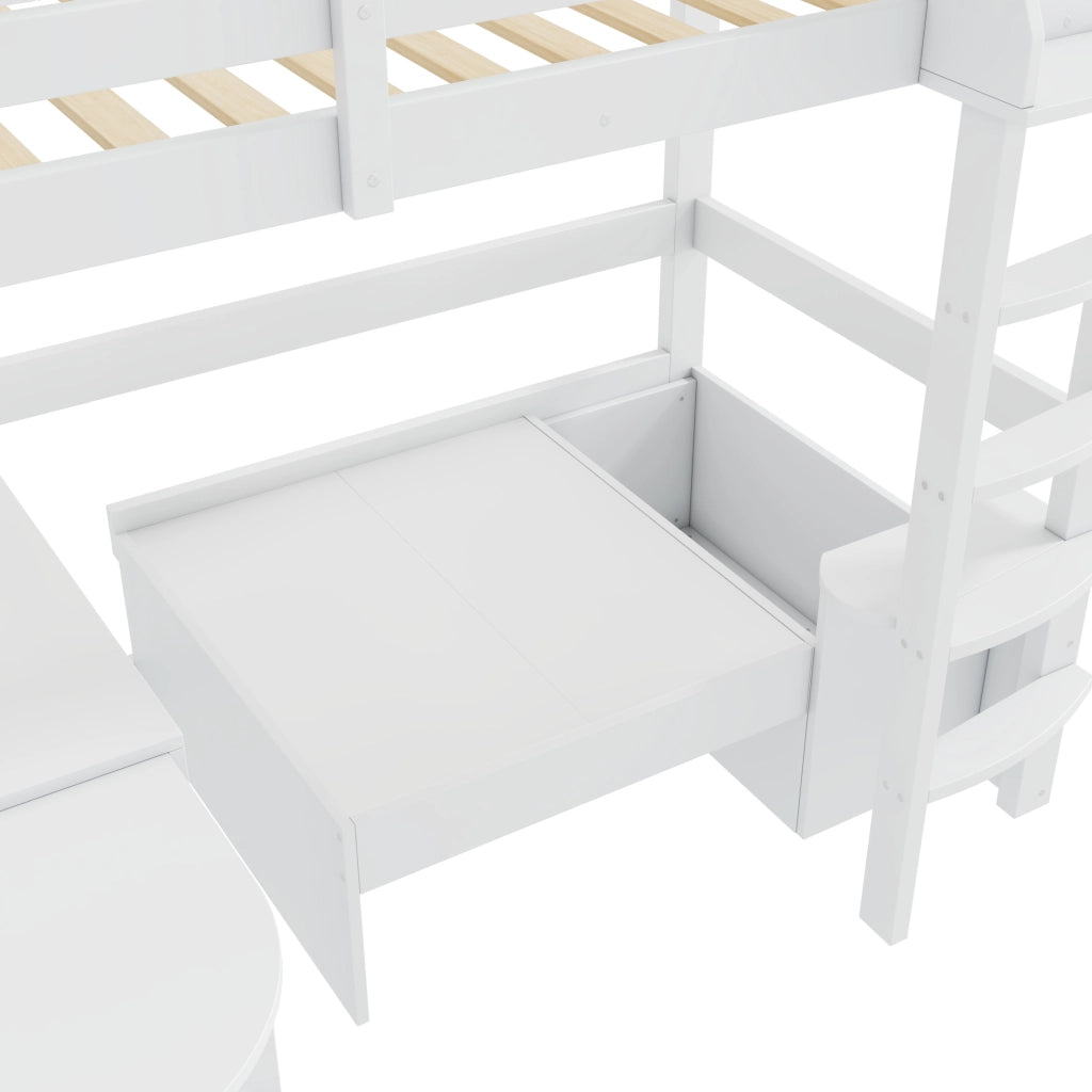 Letto a soppalco per bambini 90x200 cm in legno massiccio bianco, con scrivania estraibile, divano contenitore, scale e sponde