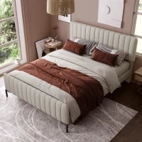 Letto Matrimoniale Moderno con Testiera Regolabile e Rete a Doghe, Imbottita in Lino, 209x165x101-107 cm, Grigio-Beige