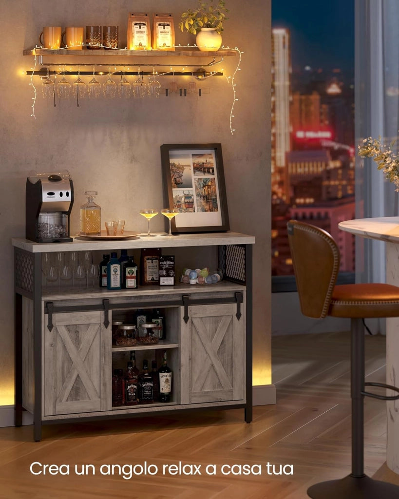 VASAGLE Credenza, Mobile da Cucina, Armadietto Organizzatore, con 2 Ante Scorrevoli, 33 x 100 x 80 cm, Ripiani Regolabili, Stile Country, per Soggiorno, Greige Melange e Nero Inchiostro LSC092B02