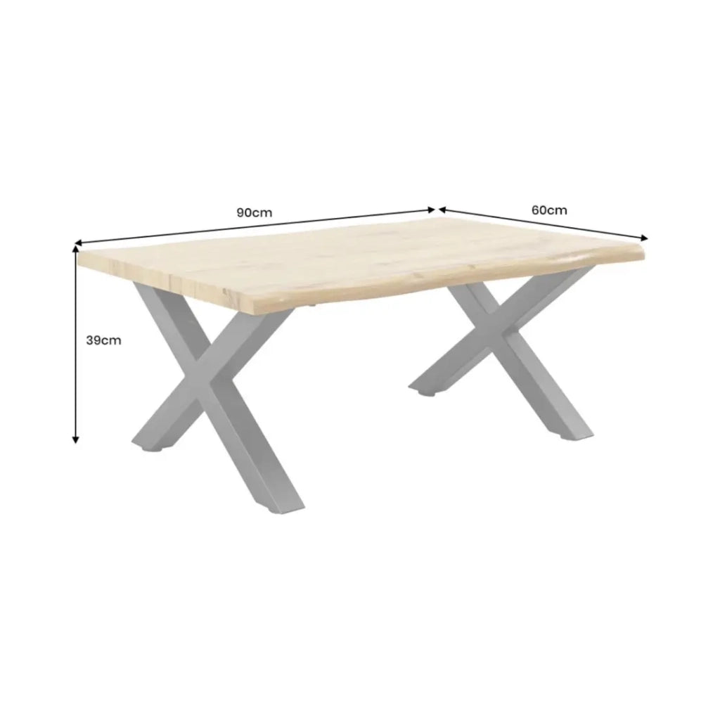 Tavolino basso RIVET effetto legno naturale e gambe in metallo nero a X - tavolo dal design industriale robusto