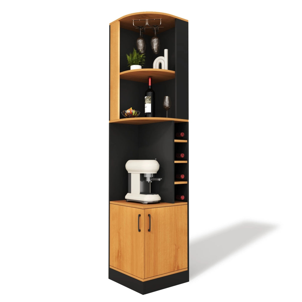 Credenza angolare portabottiglie con portabicchieri e 4 vani per cucina e soggiorno; in MDF; nero; 40 × 40 × 182 cm