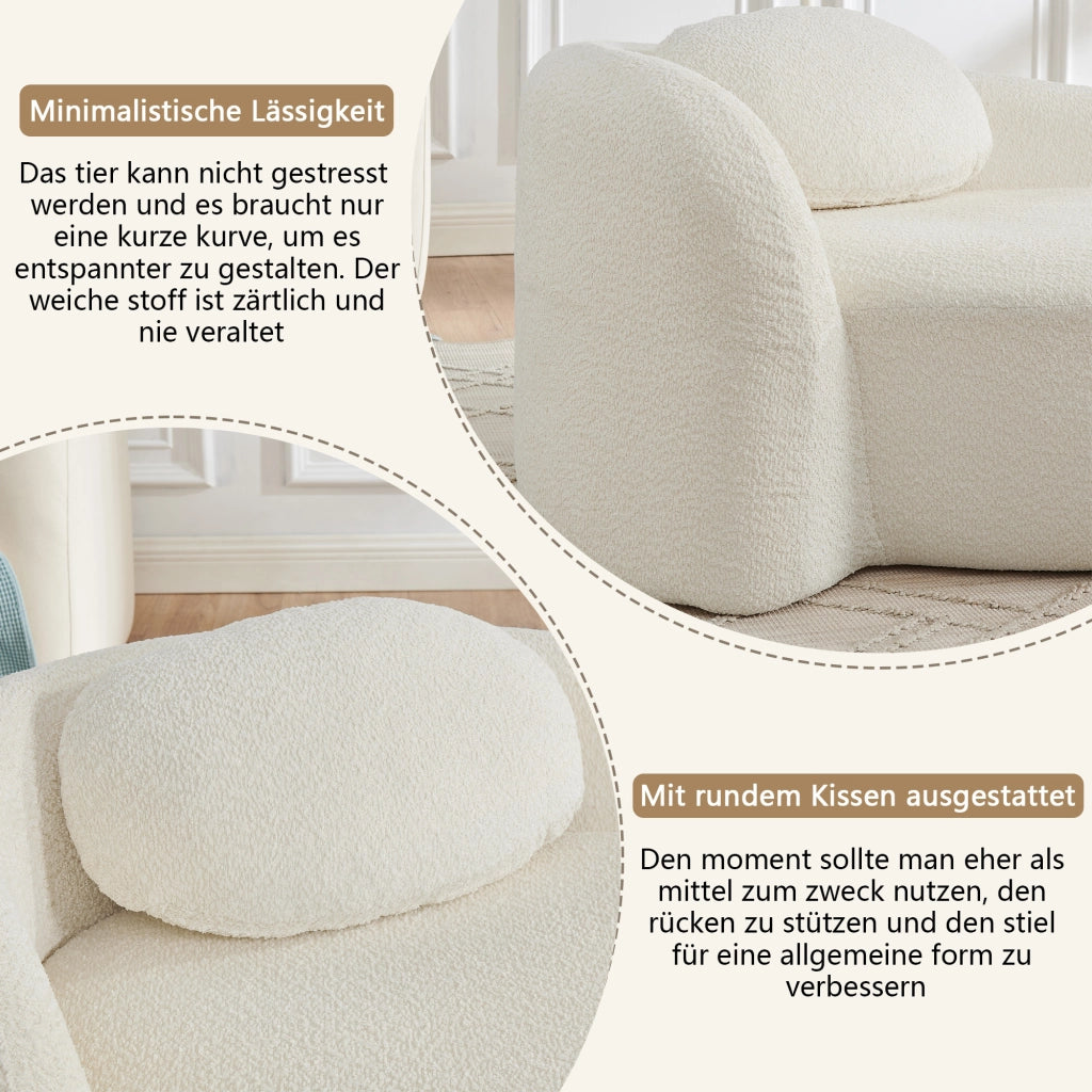 Divano in tessuto teddy con design arrotondato, cuscino integrato, schiuma elastica, beige