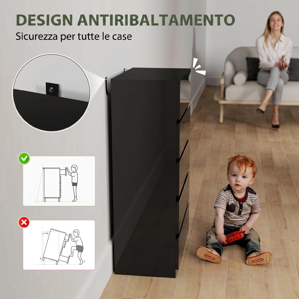 Cassettiera 5 Cassetti 55x34x100 cm Design Moderno e Multiuso in Legno Nero