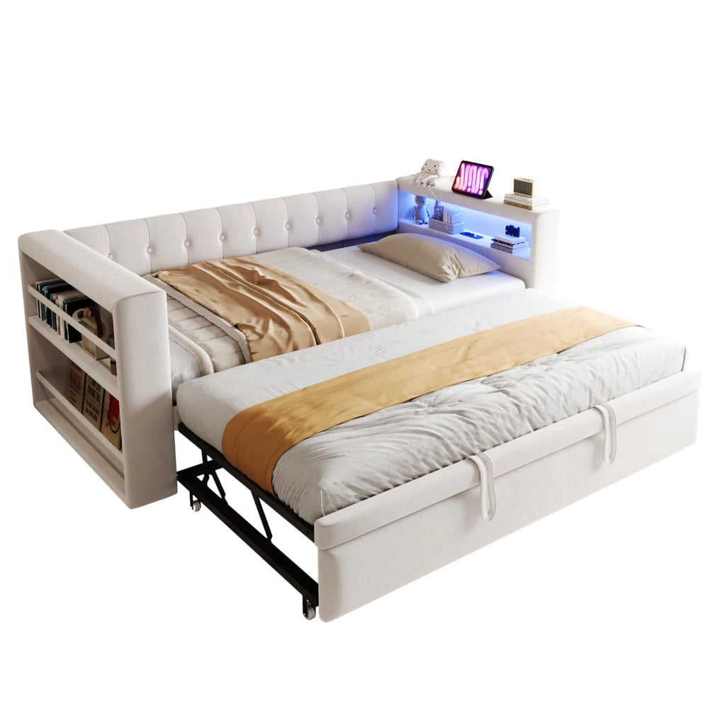 Divano letto multifunzionale 90/180x190 cm in flanella beige con LED; prese e contenitore