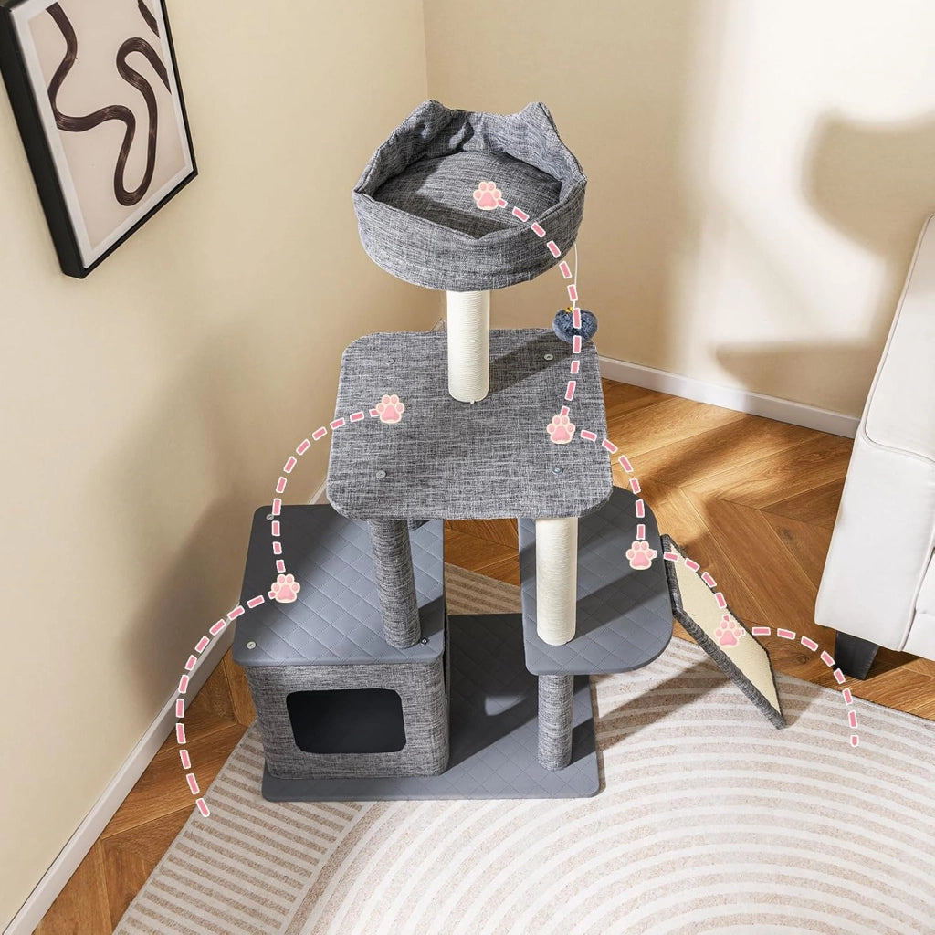 Tiragraffi per Gatto Alto 117 cm, Albero Tiragraffi Gatto con 5 Piattaforme, 2 Pali Sisal e Pallina Pompon, Torre Tiragraffi per Gatti con Grotta e Trespolo, Grigio
