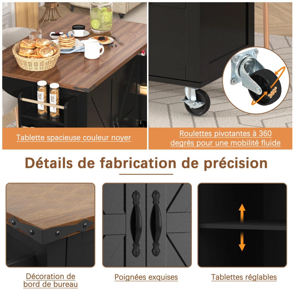 Carrello da Cucina con 1 Anta; 3 Cassetti; Piano Ribaltabile; Portaasciugamani e Ruote; in MDF; Nero