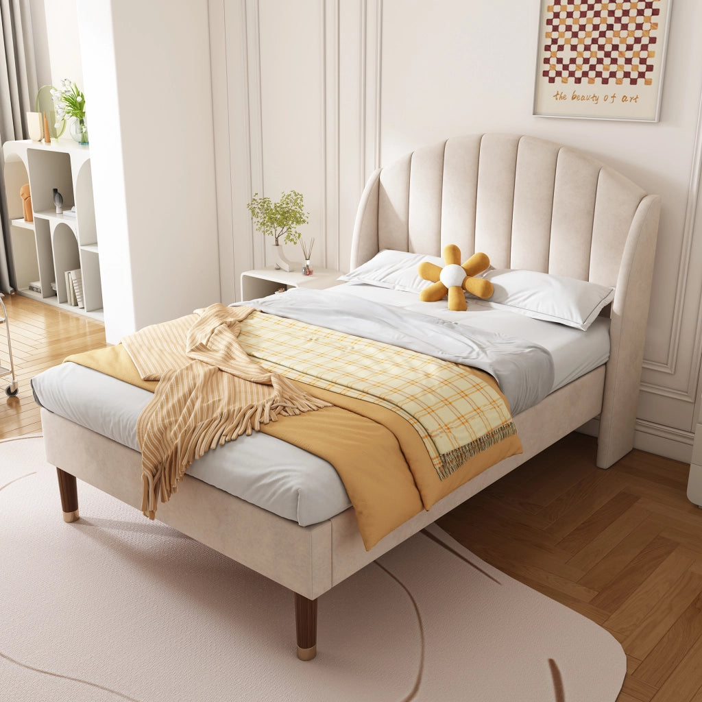 Letto imbottito singolo 90x200 cm con rete a doghe e testiera, in velluto beige