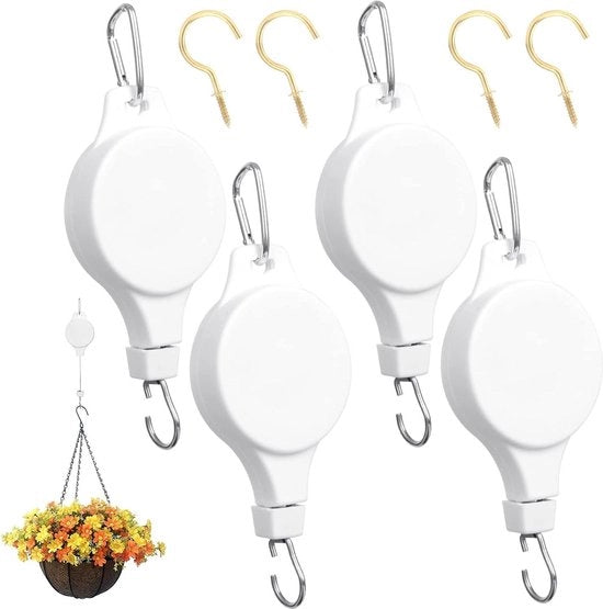 Impianto per piante con hanger retrattile, ganci bianchi con illuminazione a LED, piattaforma per piante, cesta per fiori e casa per uccelli - Set da 4 pezzi