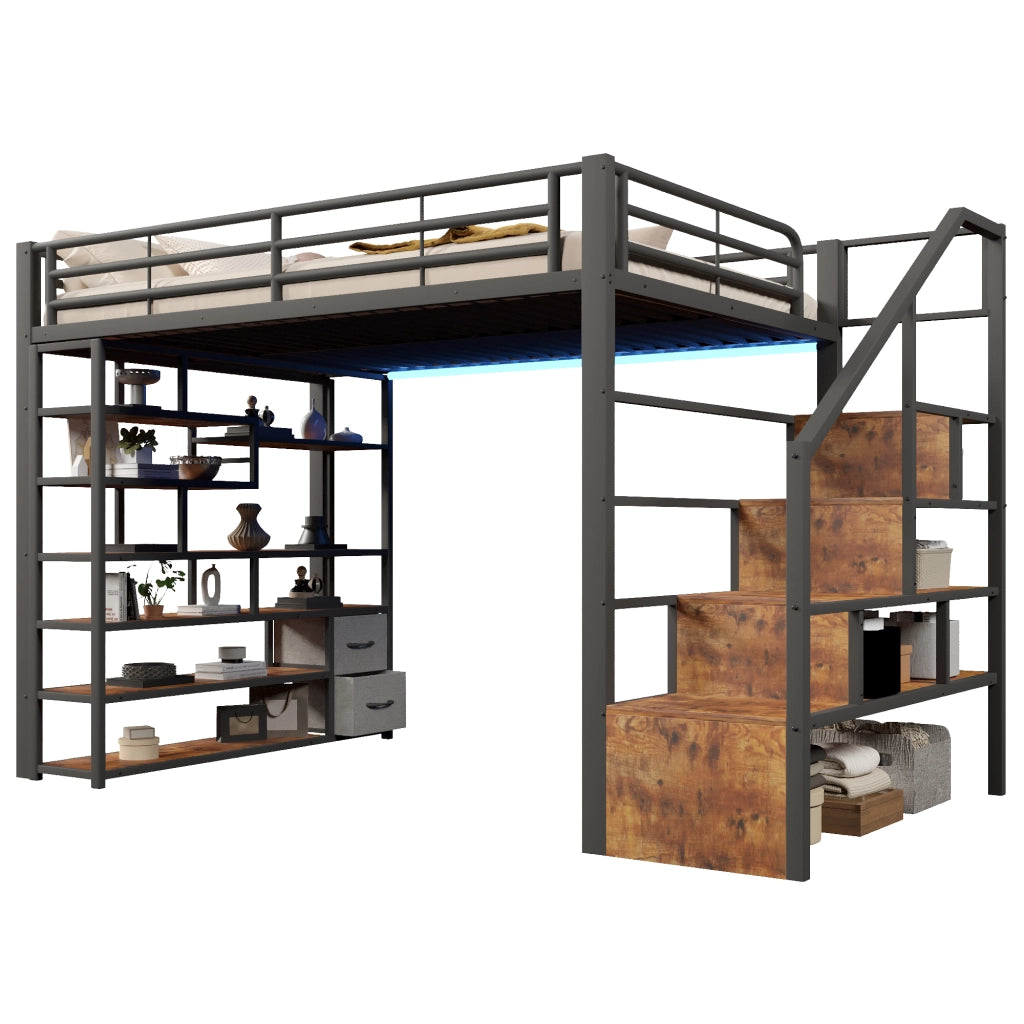 Letto a soppalco 140x200 cm con cassetti in tessuto; LED; ripiani e gradini integrati; metallo nero