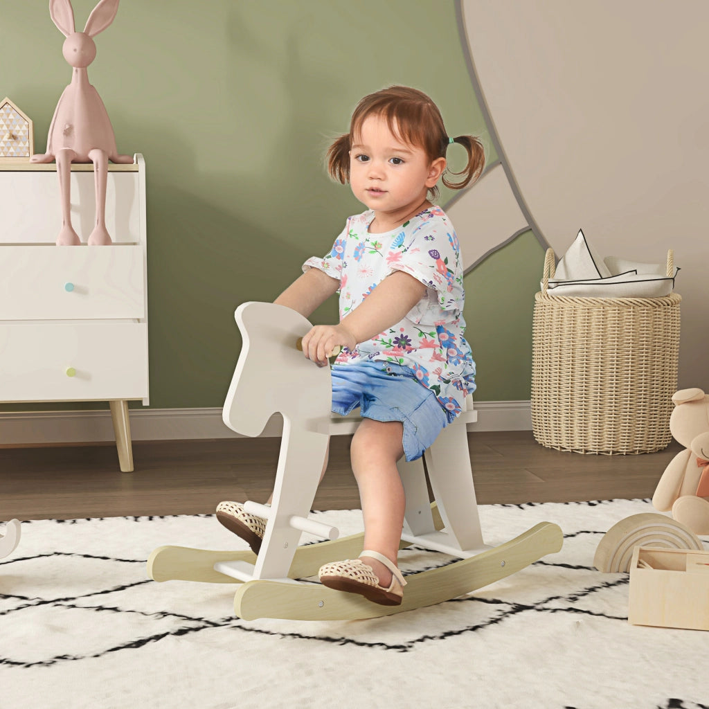 Cavallo a Dondolo in Legno per Bambini 1-3 Anni ¨C zephmum ¨C Bianco 68x26.5x48 cm