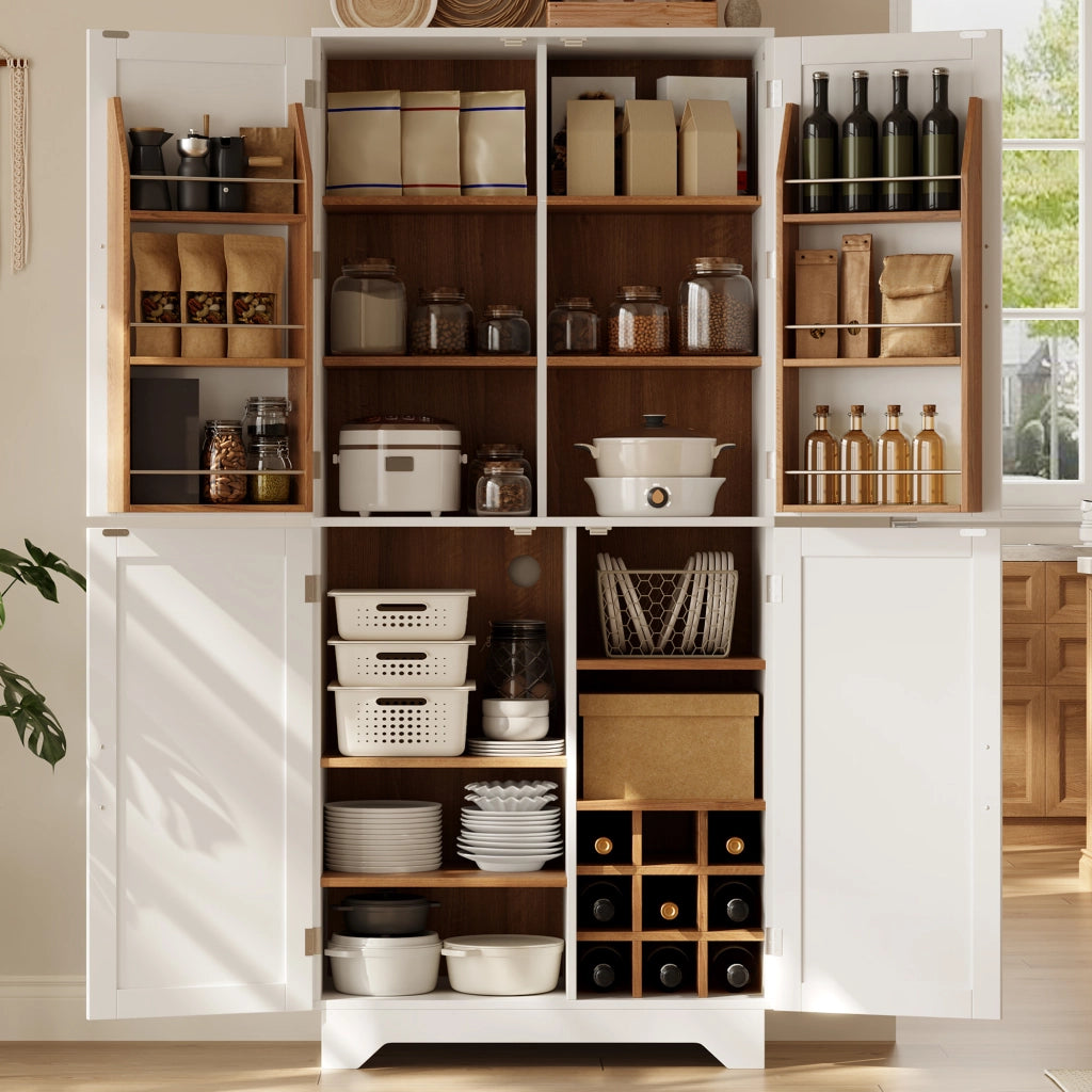 ARMADIO DISPENSA con 4 ante, 80 x 40 x 180 cm, Bianco e Naturale, MDF