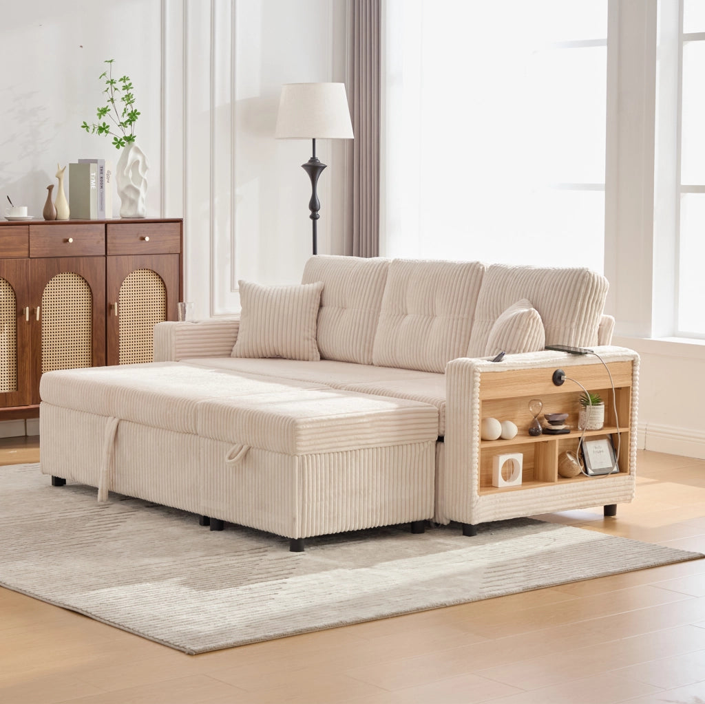 Divano letto estraibile 196x82-144x85 cm con contenitore e USB-C beige