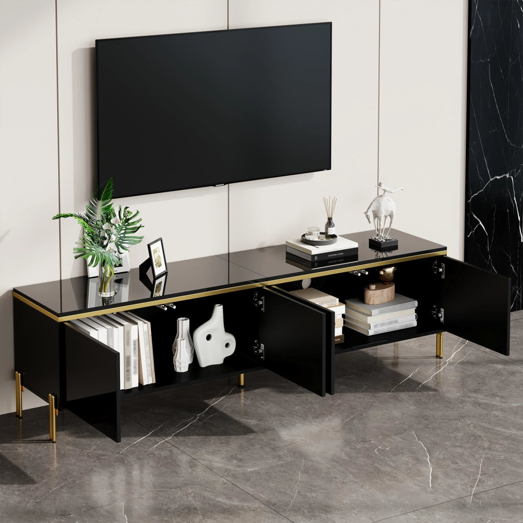 Mobile TV con 4 Ante e Passacavi; Finitura Lucida Parziale; Piedini in Metallo; Stile Minimalista; 170×38×50 cm; Nero