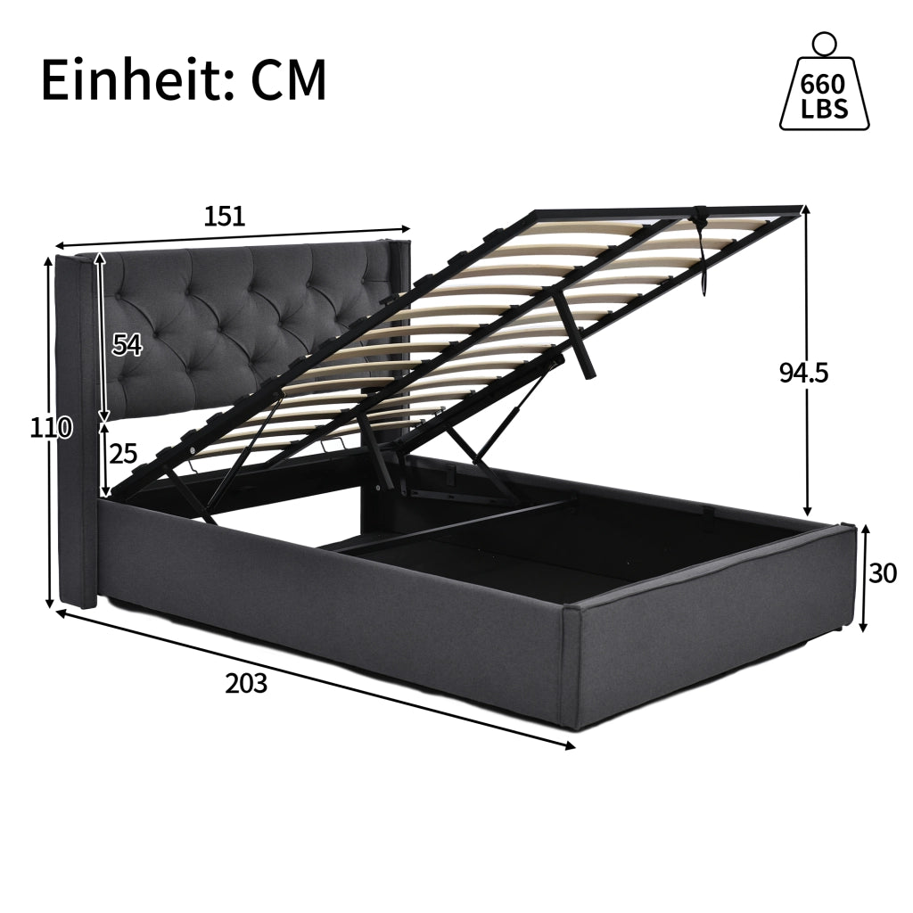 Letti contenitori 140x200 cm con testiera imbottita e rete sollevabile; legno; grigio (Senza materasso)