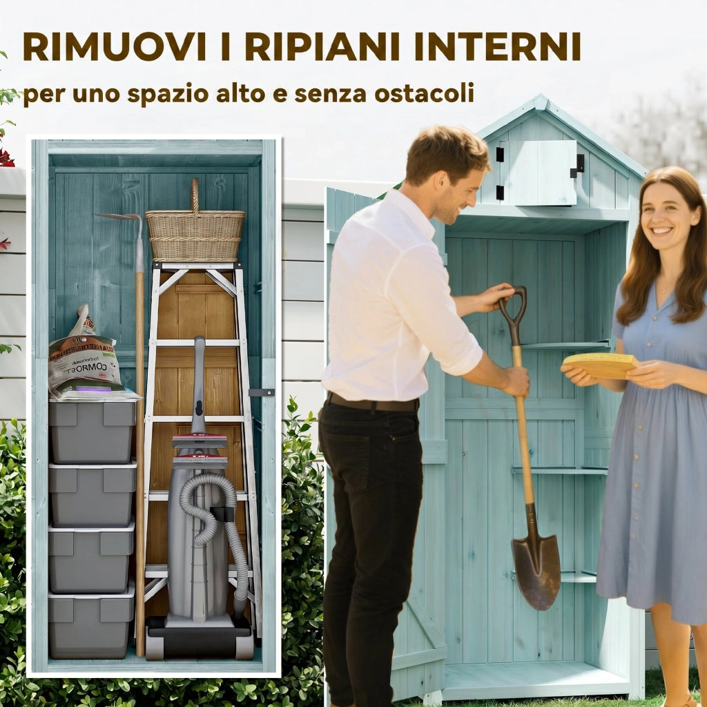 Casetta da Giardino Porta Attrezzi in Legno con 3 Ripiani, 77x54.2x179cm, Blu