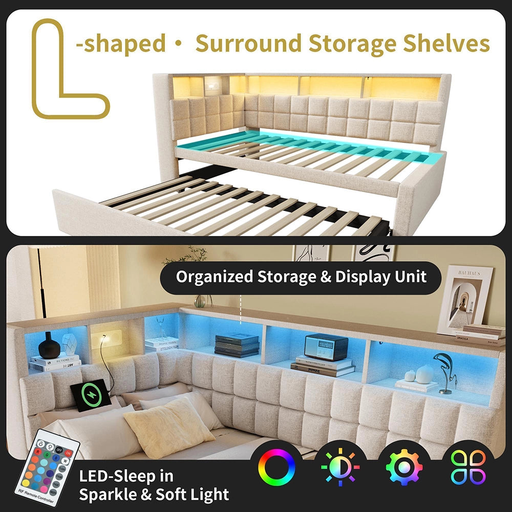Letto imbottito-Xylo-90x200cm+90x190 LED Bluetooth USB-C testiera L lino beige senza materasso