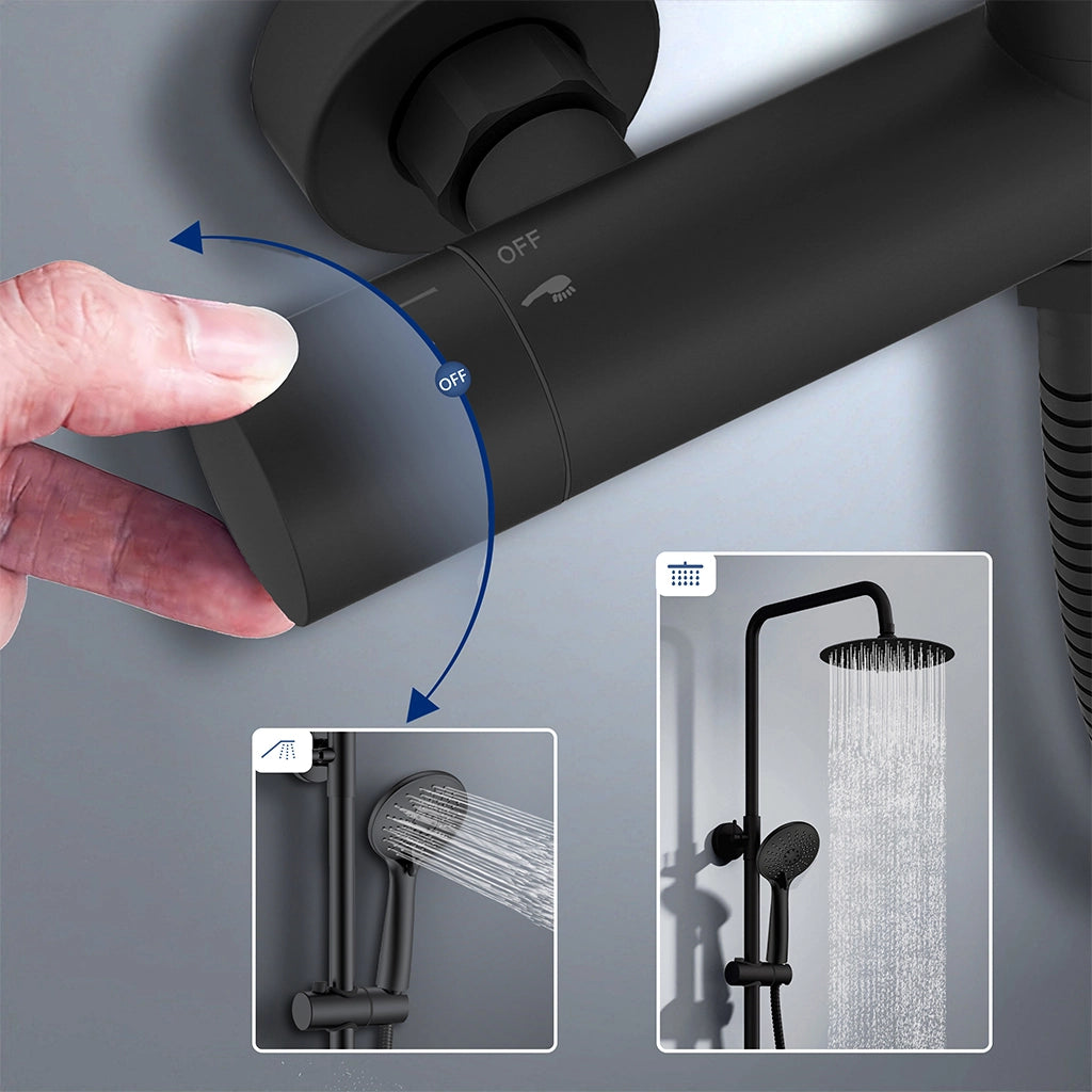 AICA ITALY Sistema Doccia con Miscelatore Termostatico a 38℃, Colonna Doccia Tondo in Acciaio Inox Altezza Regolabile 75-120cm Nero