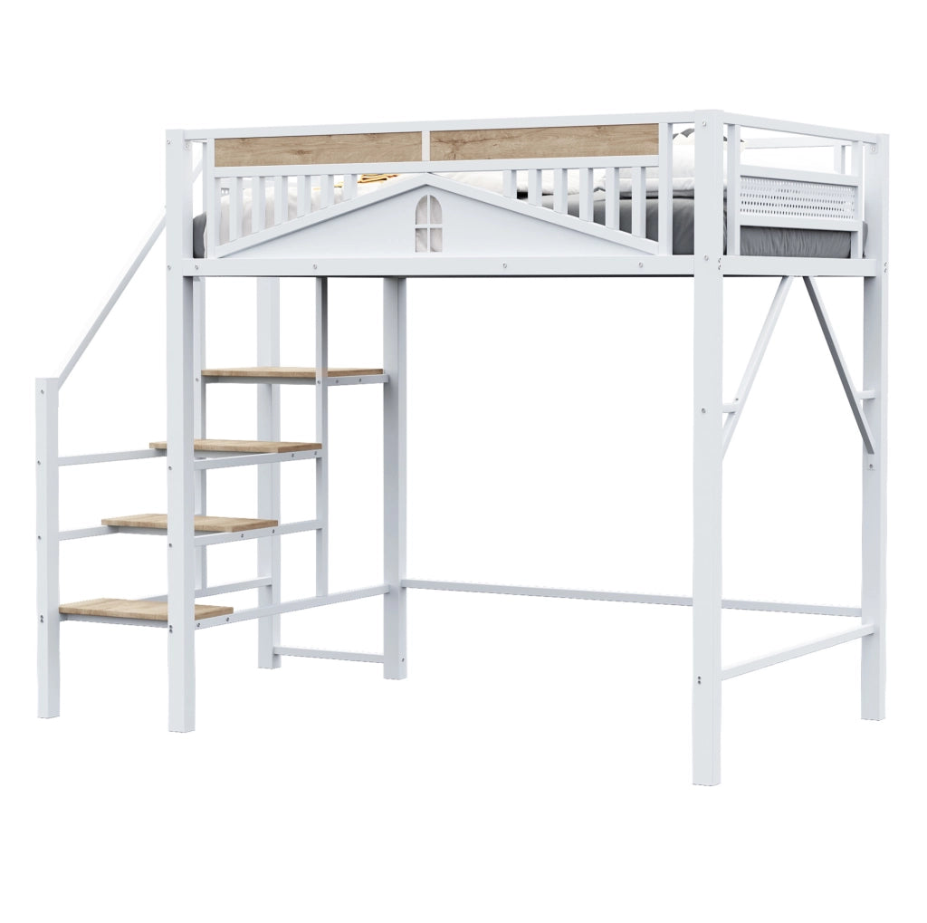 Letto a soppalco 140x200 cm con scala di sicurezza e spazio sotto il letto in metallo e legno bianco