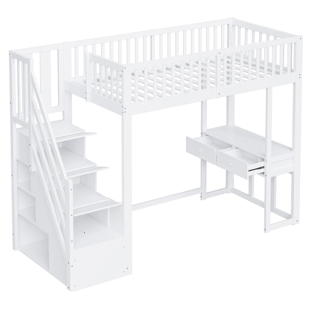 Letto a soppalco 90x200 cm con tavolo multifunzione e scala contenitore; in legno bianco