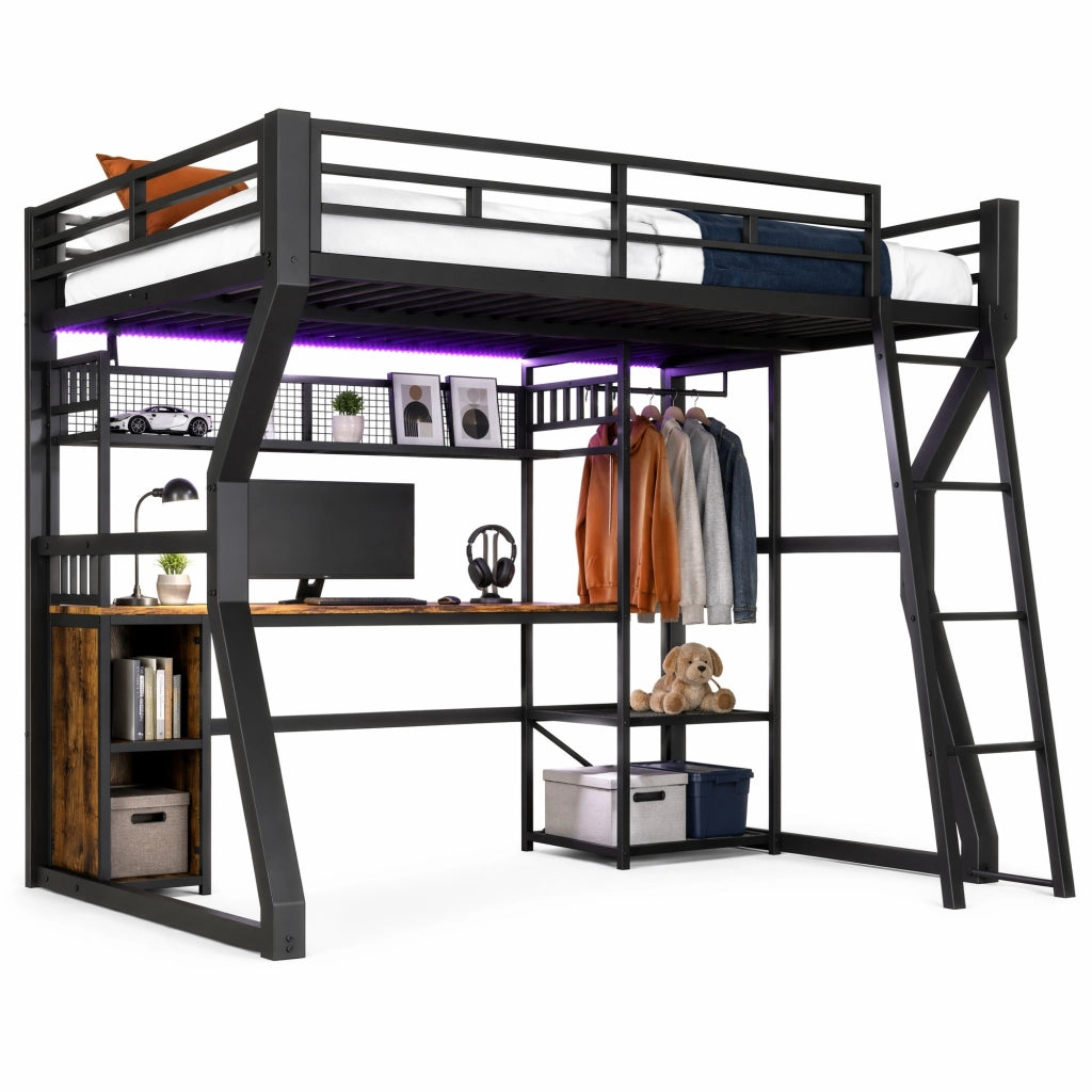 Letto a soppalco 140x200 cm in metallo e MDF con scrivania; luce LED e presa; nero
