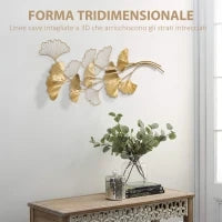 Decorazione Murale 3D in Metallo, Wall Art Dorata con Foglie di Ginkgo 138x70cm