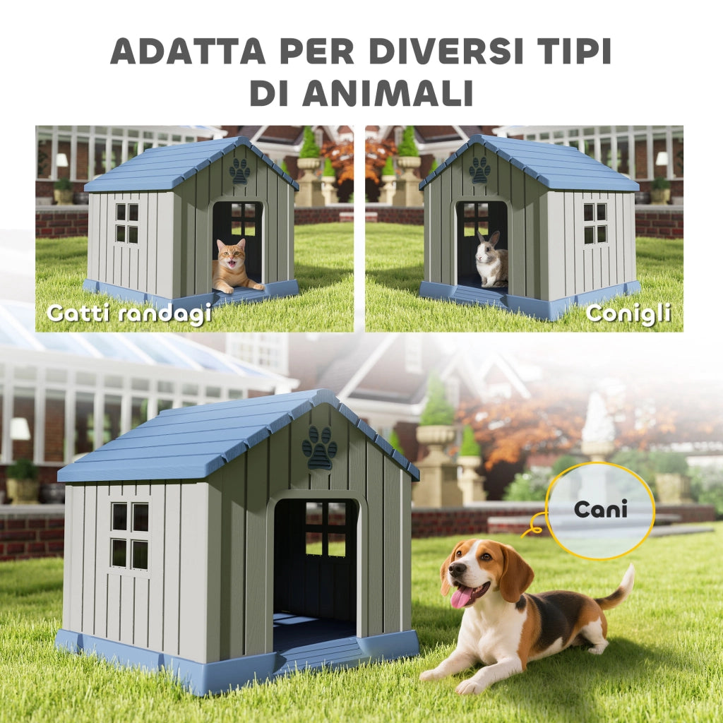 Casetta per Cani da Esterno 85x79x82 cm con Base Rialzata e Finestre in Plastica Grigio