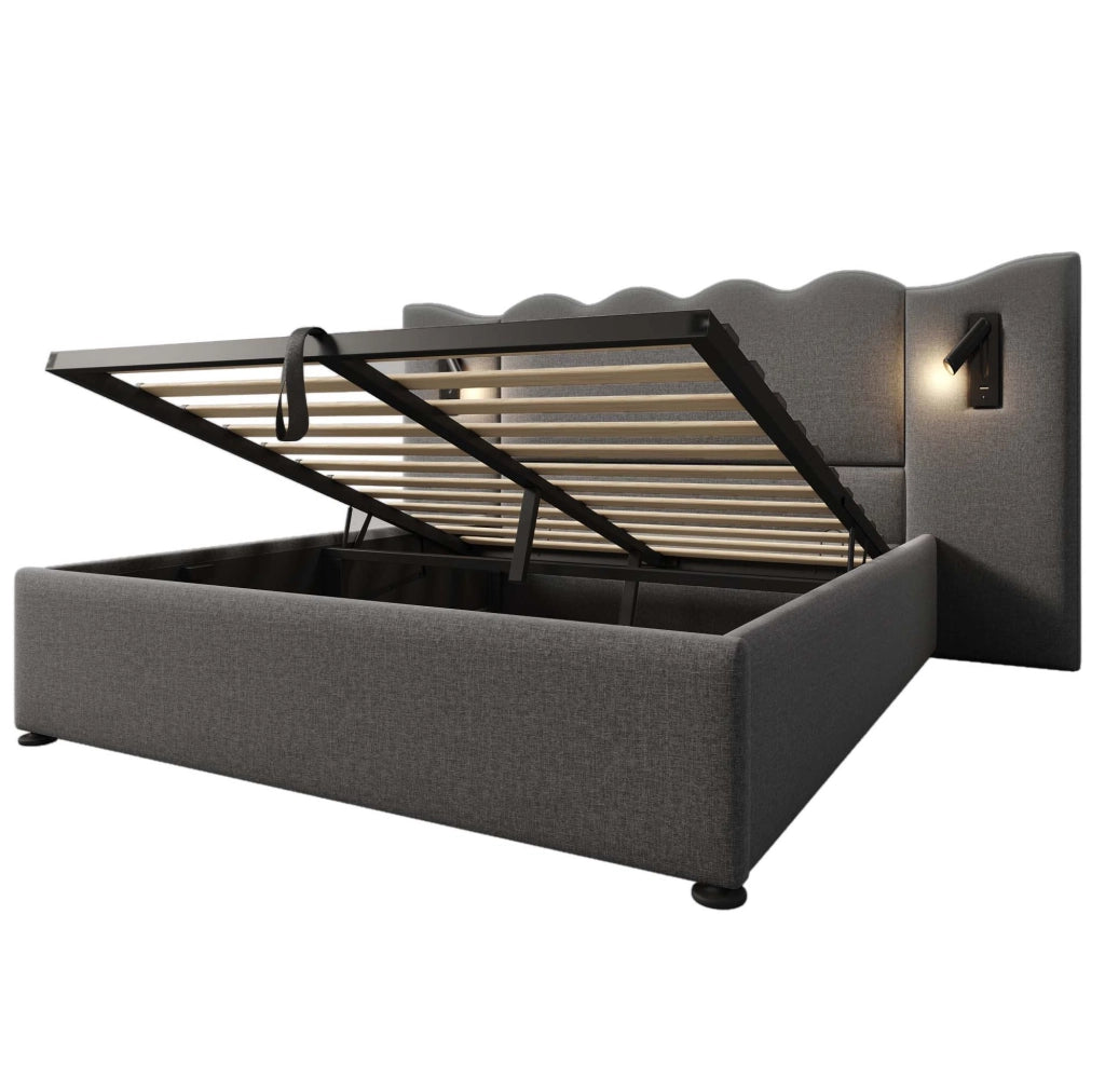 Letto matrimoniale contenitore ULEVR 160x200 cm con lampada orientabile, 2 USB e 2 Type-C, lino grigio