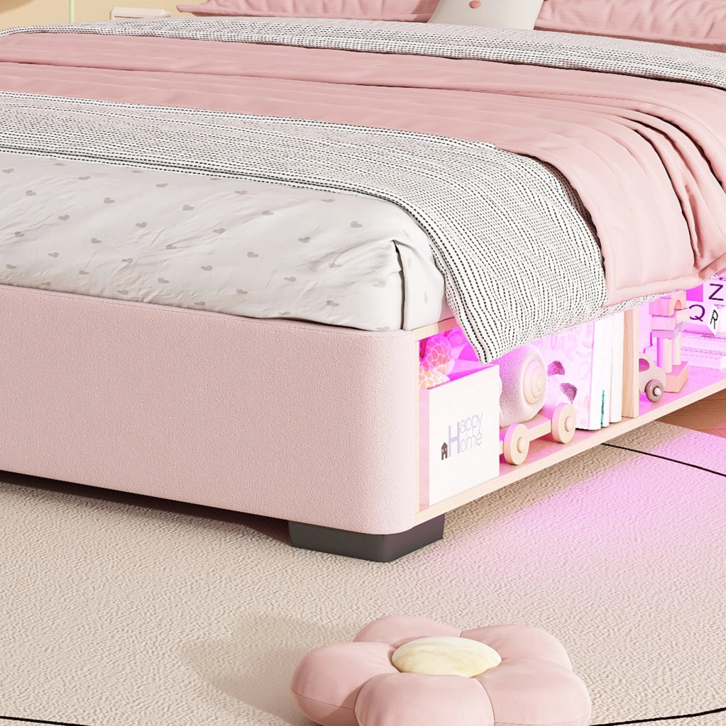 Letto imbottito per bambini rosa 140x200 cm con LED e vano laterale
