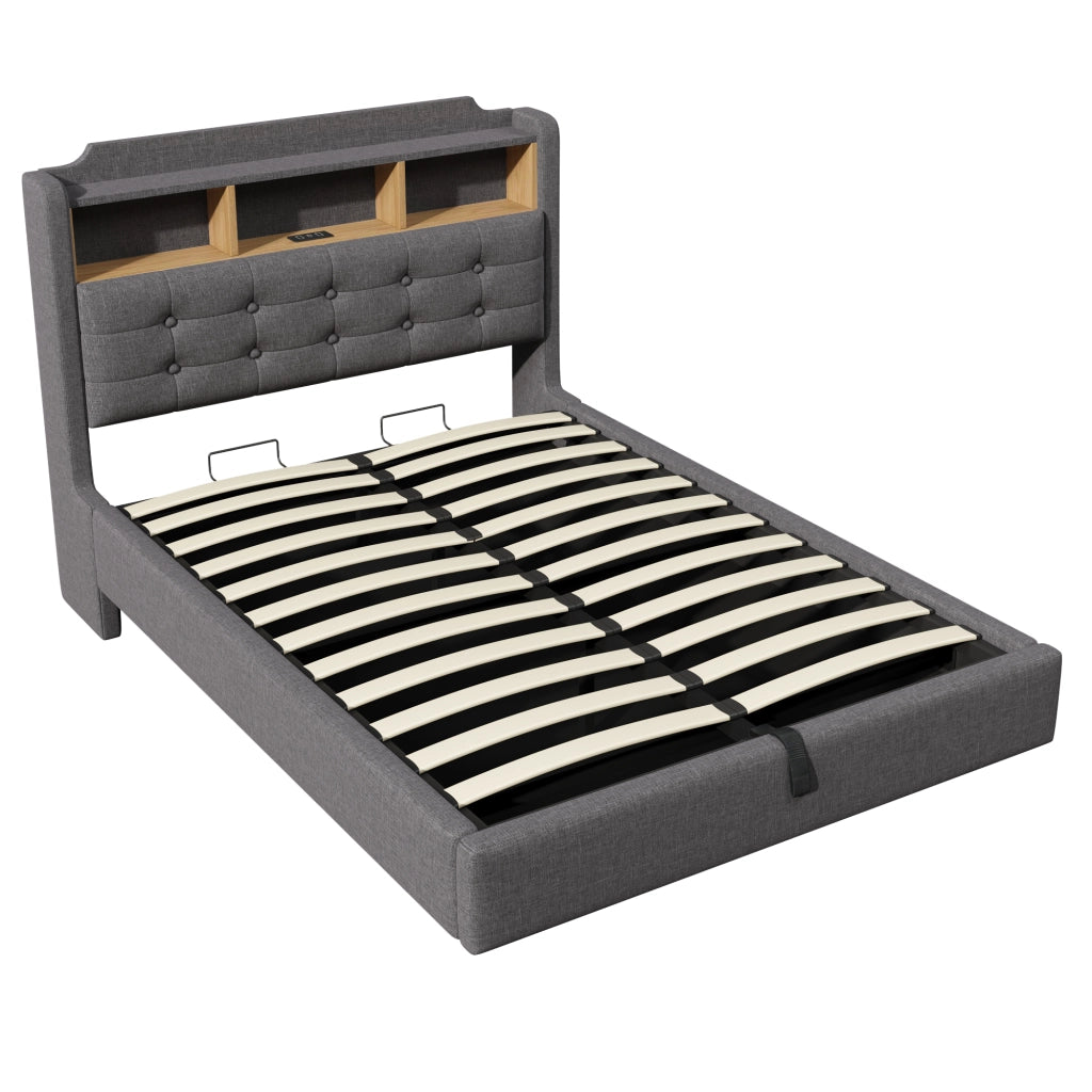 Letto imbottito 140x200 cm grigio con contenitore idraulico e luce LED