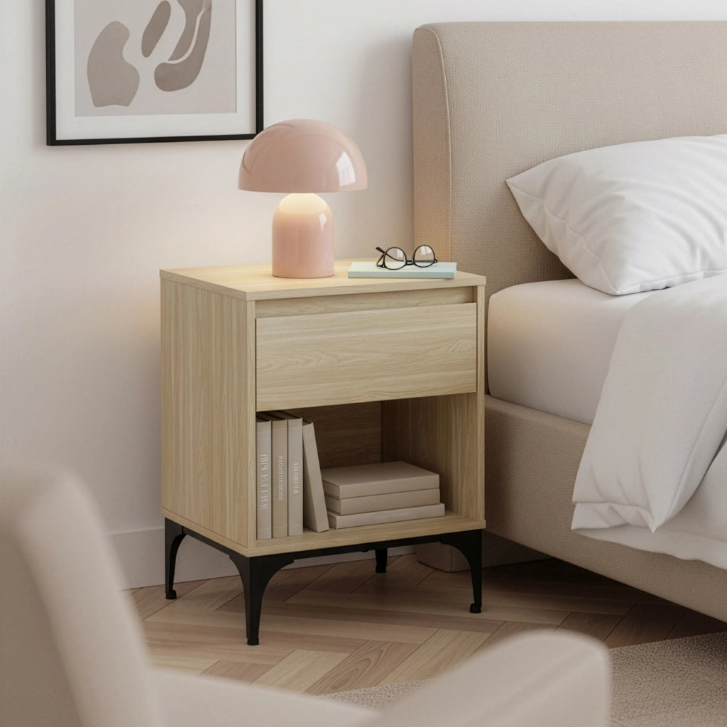Tavolino Laterale Kistiandi Comodino con Cassetto 62 x 46 x 40 cm - Effetto Rovere Chiaro [en.casa]