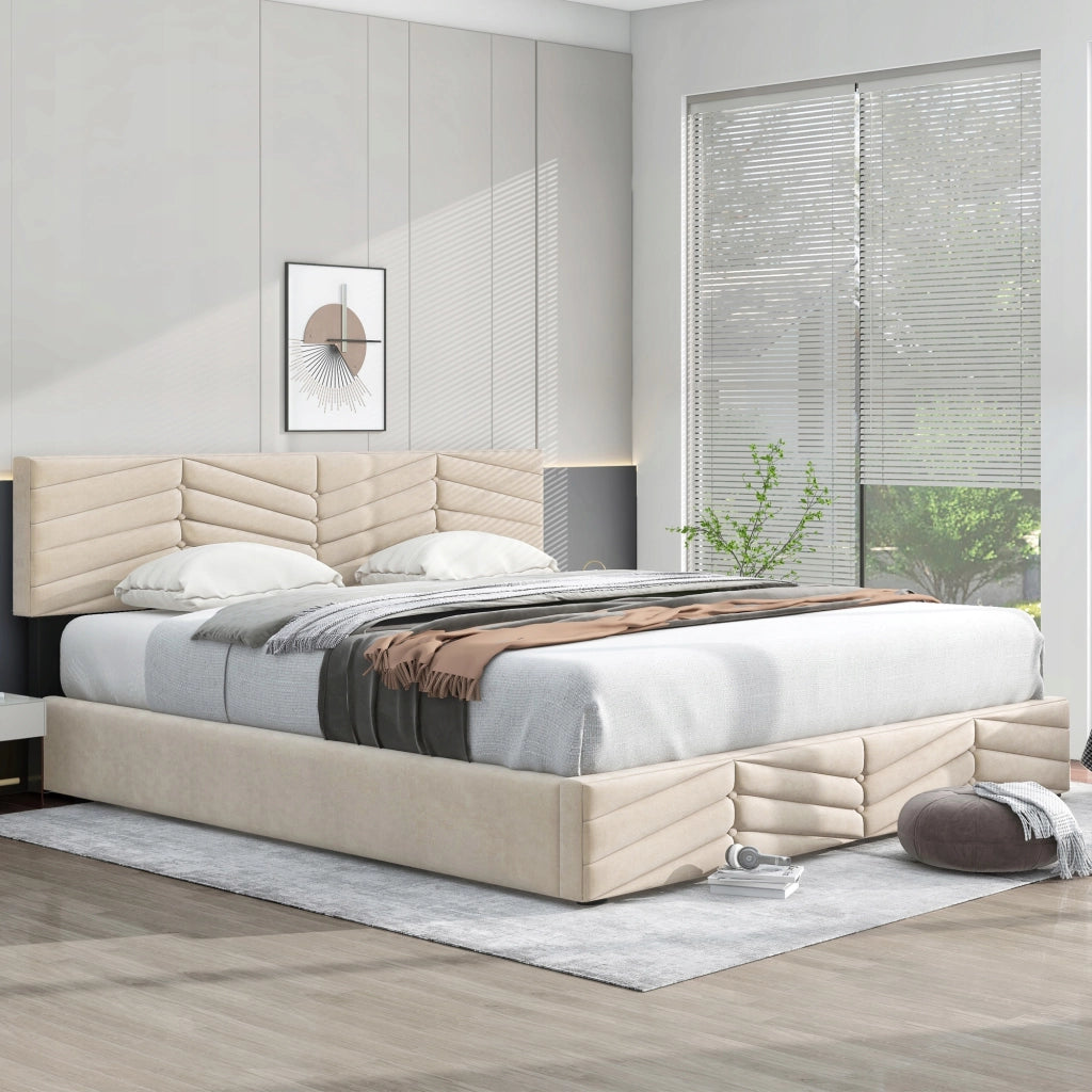Letto matrimoniale 160x200cm - Xylo - Velluto, Cinghie, Idraulico, Beige