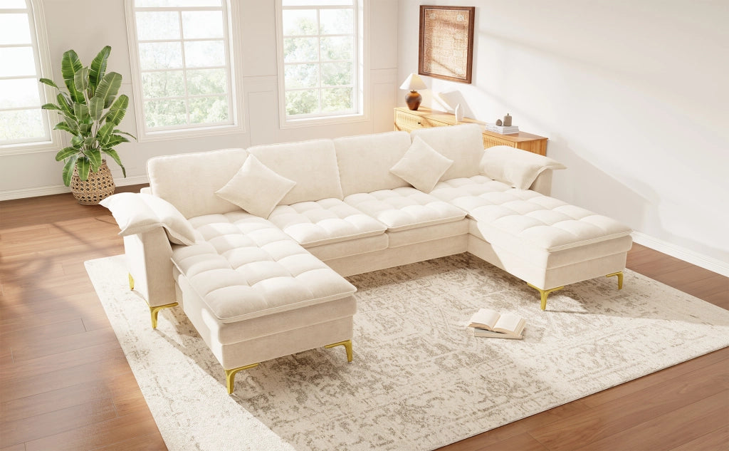 Divano panoramico a U modulare per 4-5 posti con due chaise longue e cuscini in ciniglia beige 262 × 134 × 86 cm
