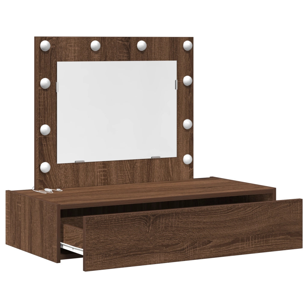 Tavolo da toeletta a parete con luci LED Rovere marrone