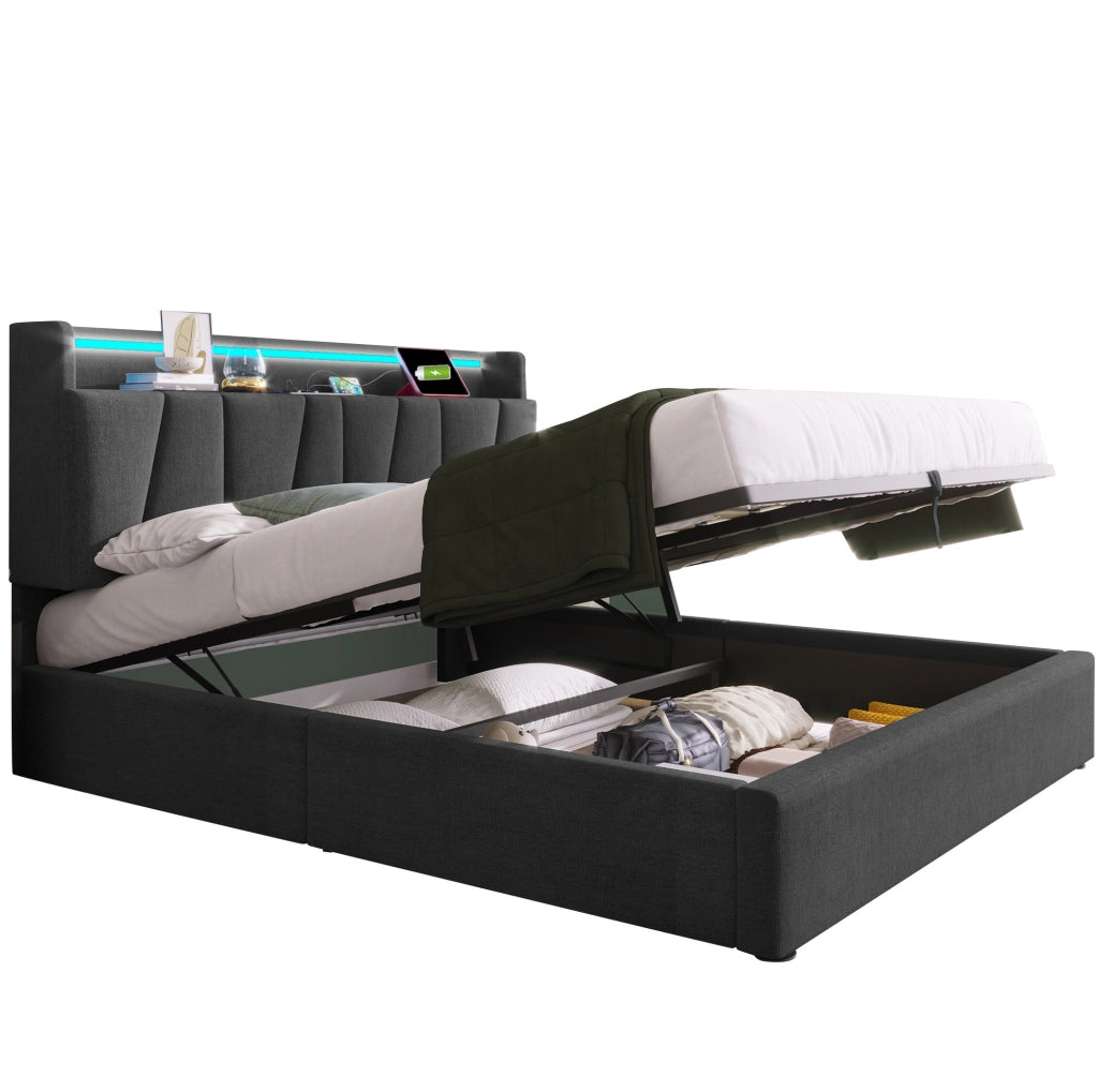 Letto matrimoniale imbottito 140x190 cm grigio in lino con testiera contenitore; prese USB e LED RGBW