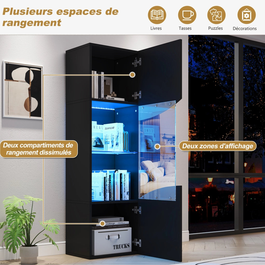 Vetrina ULEVR 35x50x165 cm con 4 ripiani, LED USB e vetro temperato, nero lucido