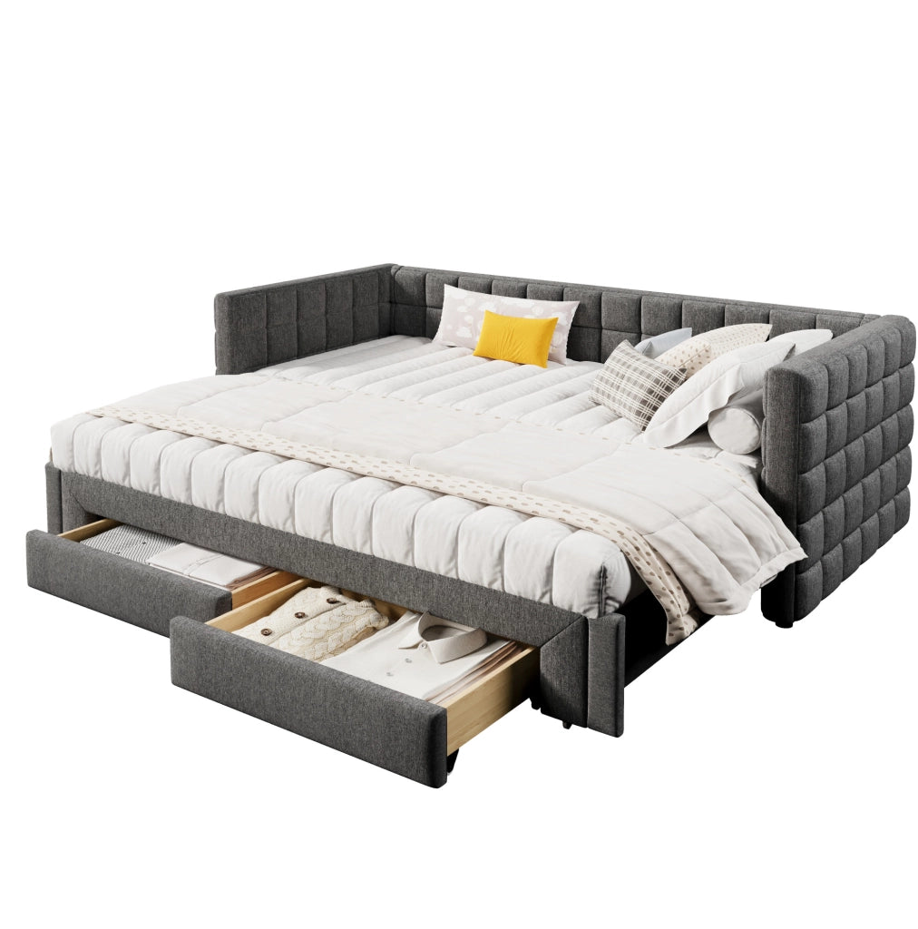 Divano letto estraibile 90 x 200 cm in velluto grigio con 2 cassetti