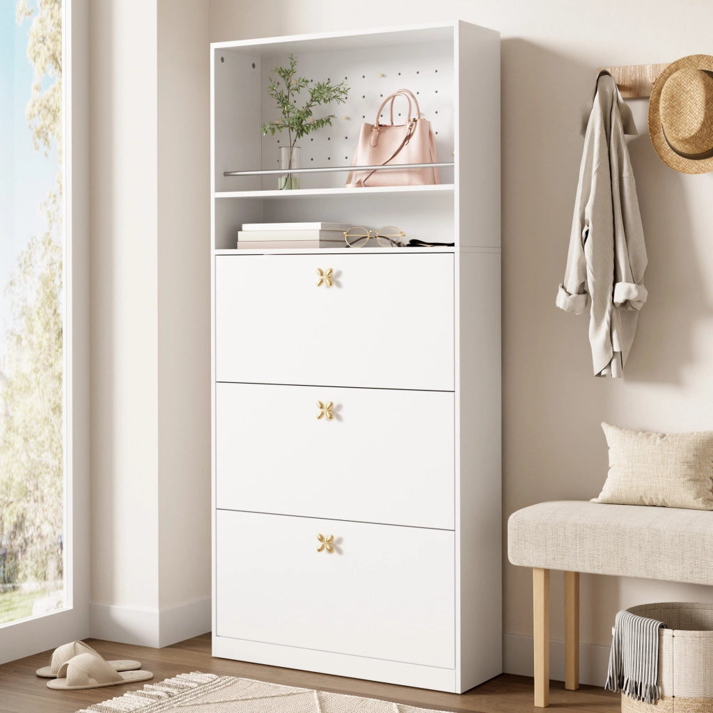 Scarpiera con 3 vani a ribalta e ripiano aperto - per ingresso - in truciolare - 80×24×178.5 cm - bianco