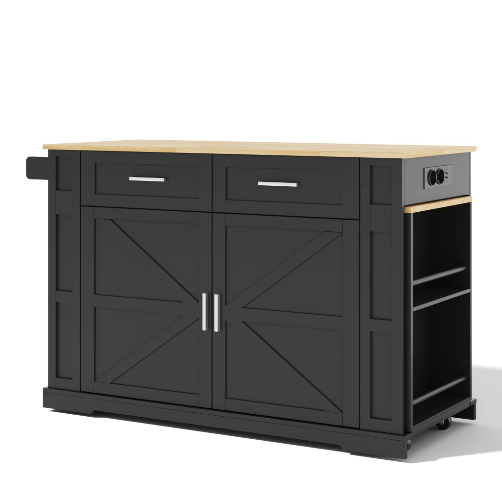 Isola da cucina mobile con piano estraibile, prese integrate, 2 cassetti, armadio a doppia anta e ruote con freno