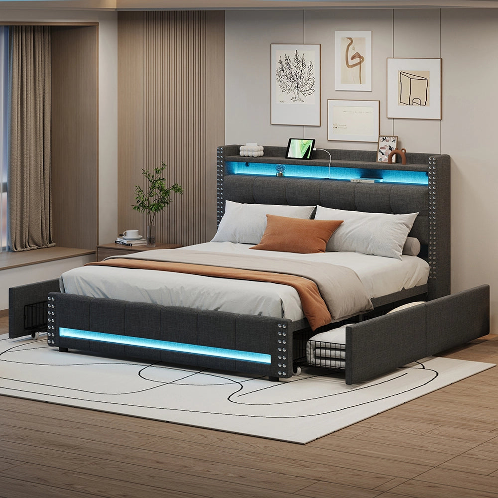 Letto imbottito 160x200 cm - Xylo - Grigio - Luci LED, 4 cassetti, presa USB