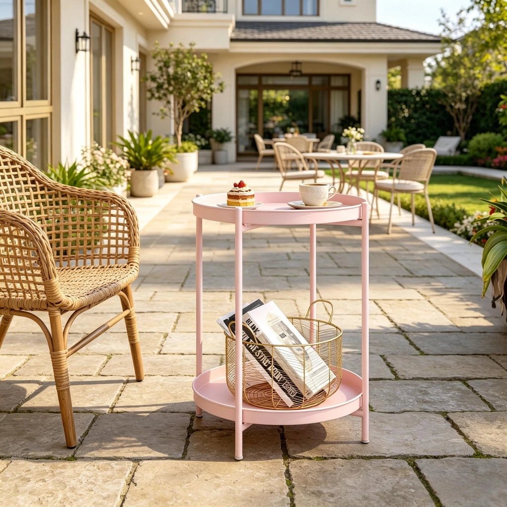 Tavolino basso rotondo con 2 ripiani metallici e vassoi rimovibili, stile moderno, per soggiorno, in metallo, rosa