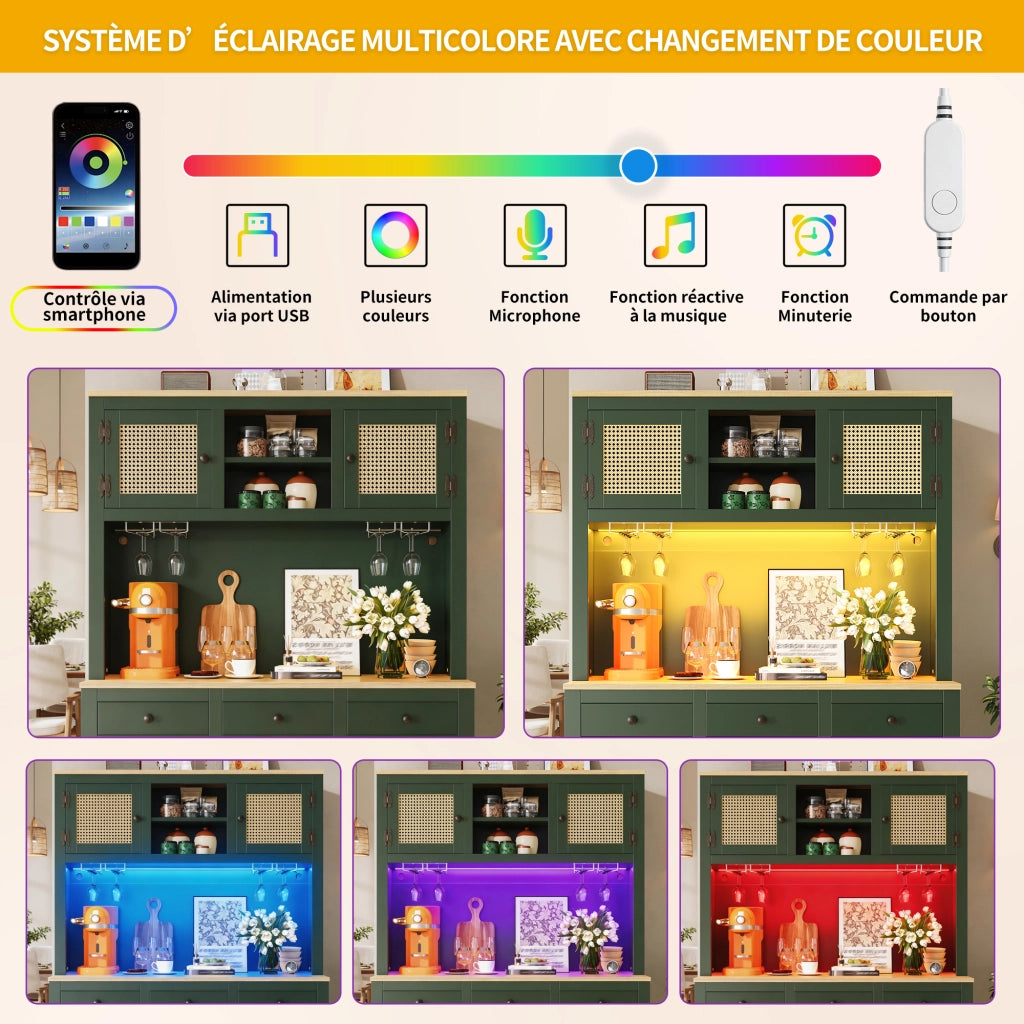 Credenza alta con LED e ante in PE rattan, ripiani regolabili e cassetti, per cucina e soggiorno, verde antico