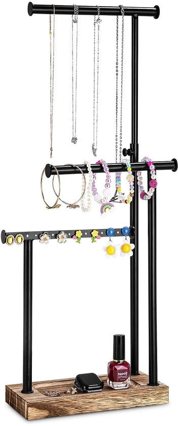 Sostegno per Collane in Legno e Metallo, 3 Braccia, Sostegno per Collane e Accessori da Regolare, Ideale per Collane, Orecchini, Anelli e Orologi.