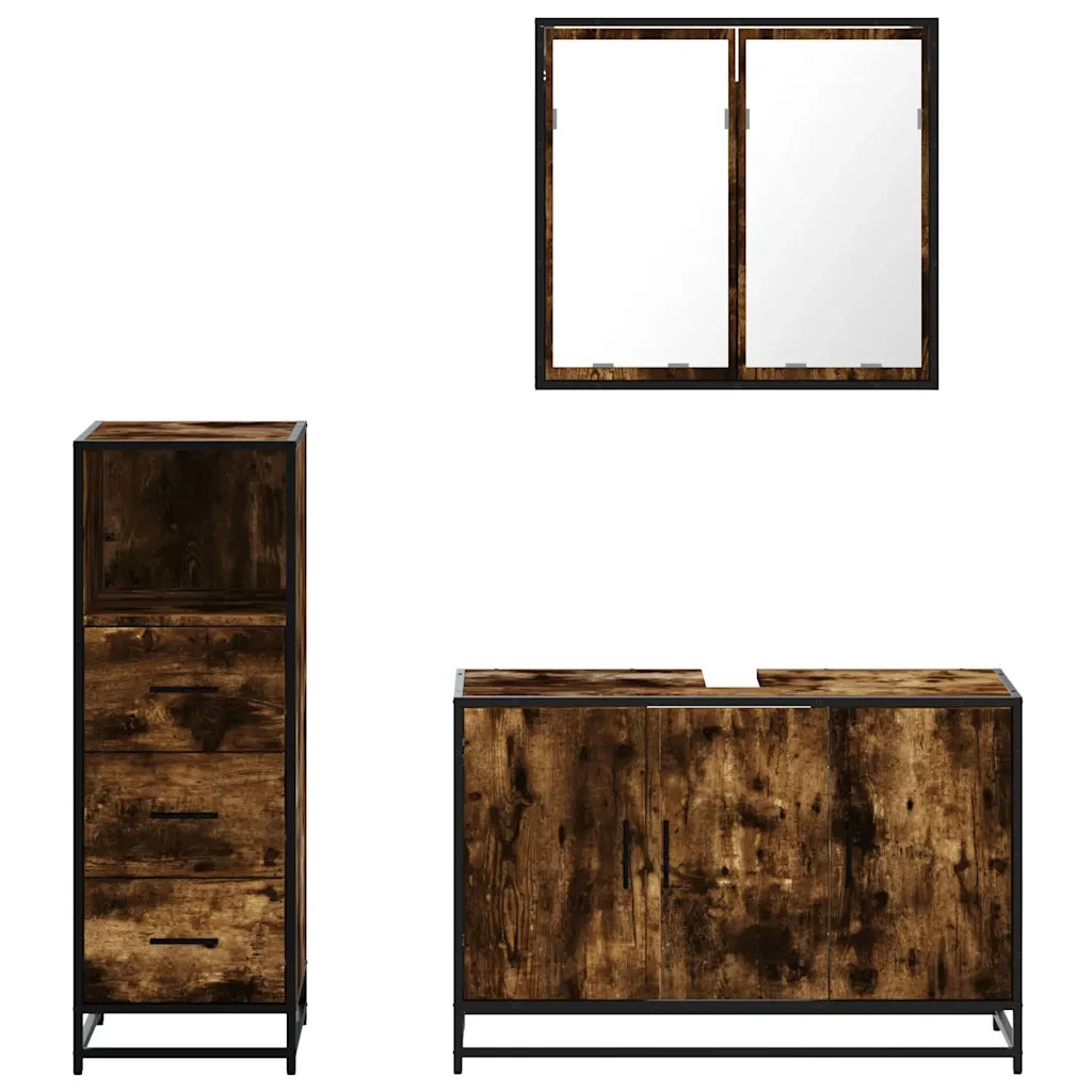 Set Mobili da Bagno 3 pz Rovere Fumo in Legno Multistrato