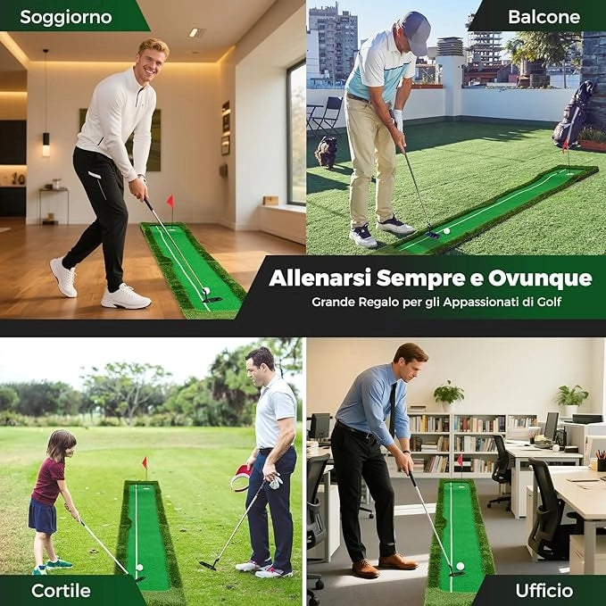 Putting Green, Tappetino da Interno ed Esterno con Erba Sintetica, 3 Palline da Golf e 2 Dimensioni di Buche, Tappetino da Golf per Casa, Ufficio e Giardino, 300 x 50 cm